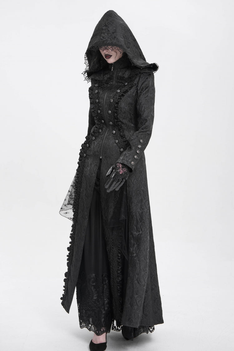 Black Stand Collar Long Sleeves Ruffle Hooded Women's Gothic Long Coat