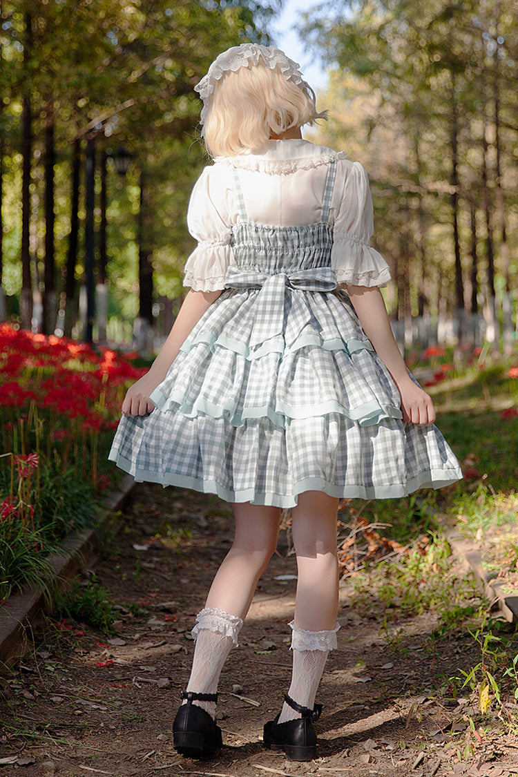 Blue [Cloth Cat] Triple-Layered Plaid Print Ruffle Bowknot Sweet Lolita Dress 2 Colors