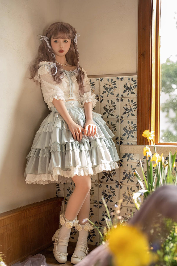 White/Blue Flower Language Multi-layer Ruffle Sweet Lolita Skirt Set