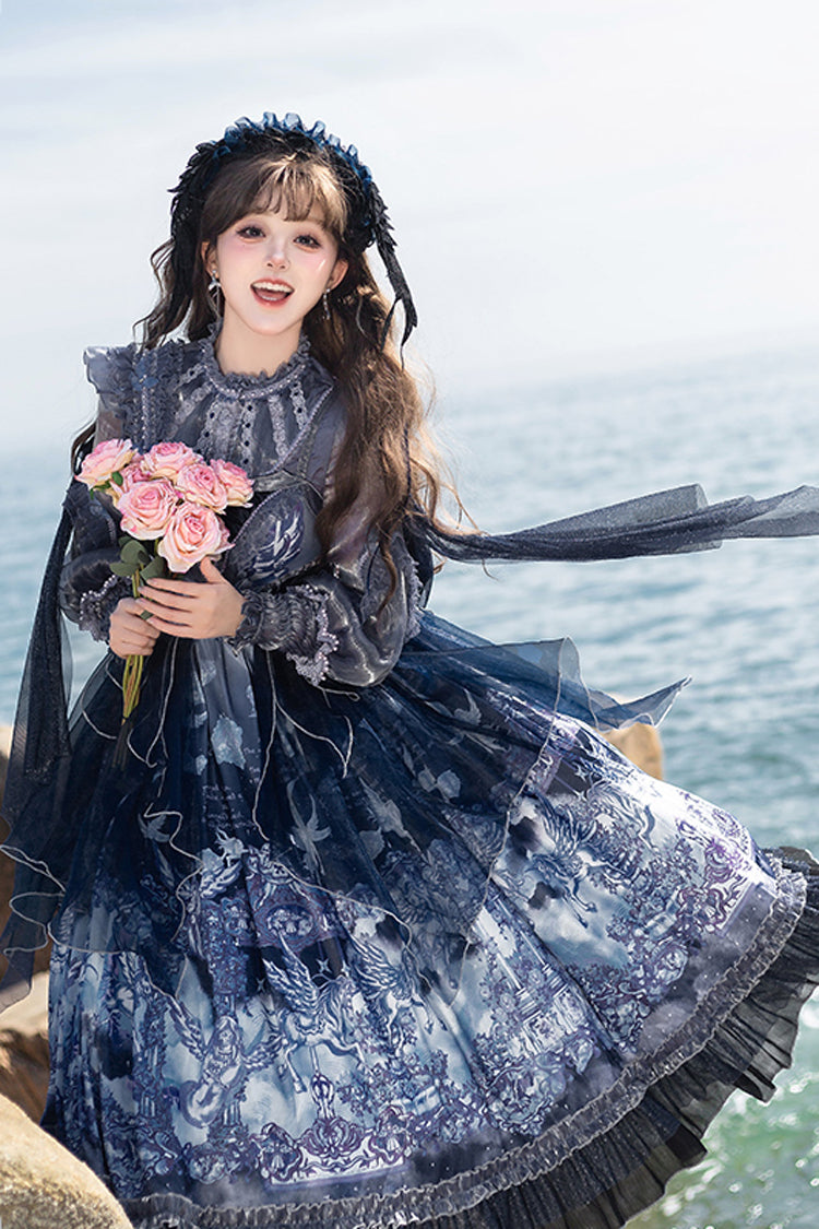 Blue [Angel Garden] Print Ruffle Bowknot Asymmetric Classic Elegant Lolita Jsk Dress