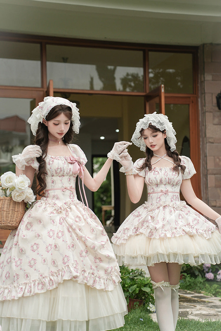 Robe courte Lolita douce à manches courtes ivoire [Rose après la pluie] à imprimé triple couche avec nœud à volants et lacets 