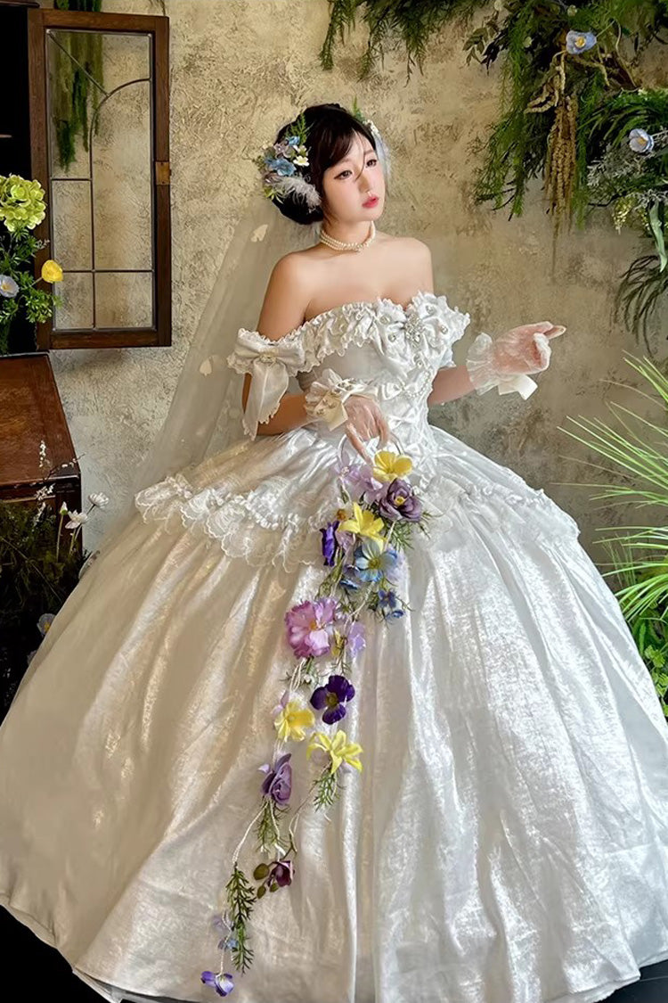 [White Moonlight Lover] Romantic Commemorative Ceremony Sleeveless Ruffled Bow Lace Lace-Up Sweet Elegant Lolita Strapless Dress 3 Colors