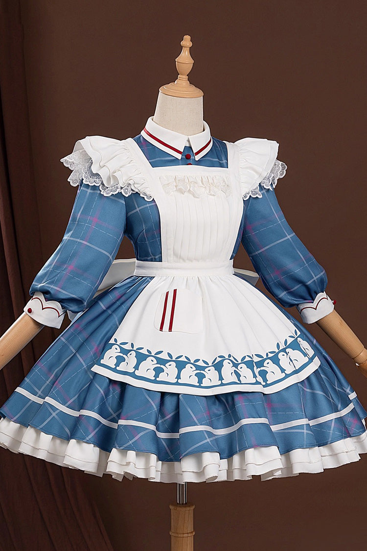 Blue Arknights Amiya Cosplay Half Sleeves Print Ruffle Bowknot Sweet Maid Lolita Dress Set