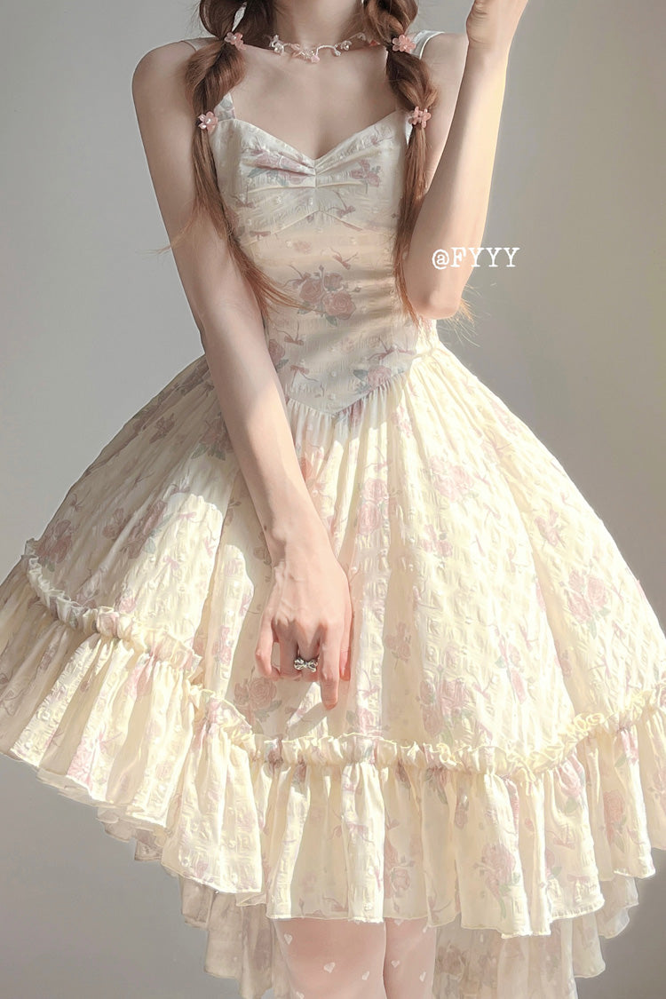 Rosa Lolita JSK Kleid Set mit schrägen Schultern, Rüschen, Schleife und Spitze
