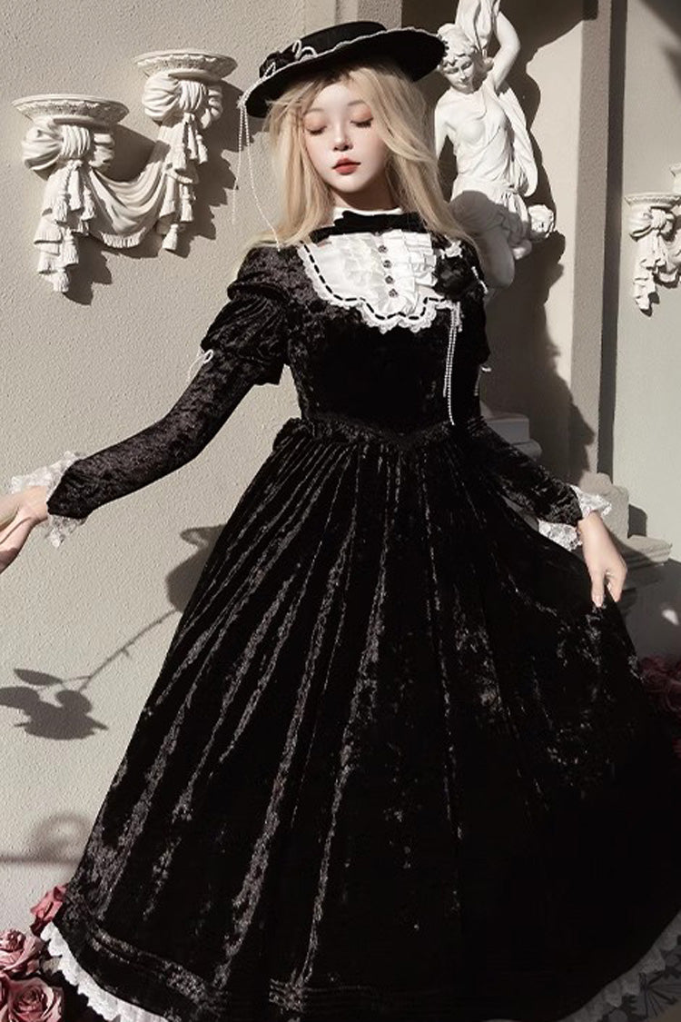 Black [Whispering Castle] Long Sleeves Ruffle Bowknot Lace Gothic Lolita Dress
