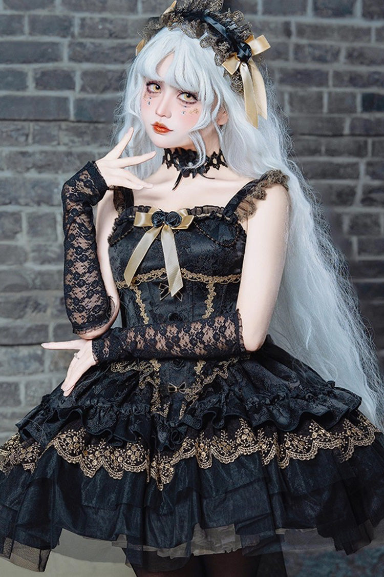 Black [Fleeting Light and Shallow Dream] Sleeveless Multi-Layered Ruffle Bowknot Lace Slim Gothic Ballet Lolita Jsk Dress