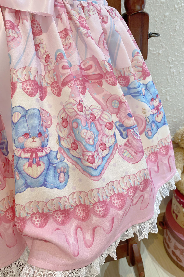 Milky Berry Bear Print Pink Bowknot Stitching Lace Sweet Lolita Strap Dress