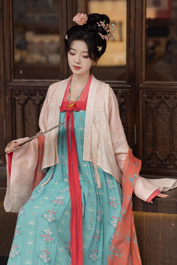緑の[桃の花と春]長袖プリント刺繍クラシック漢服ドレス 