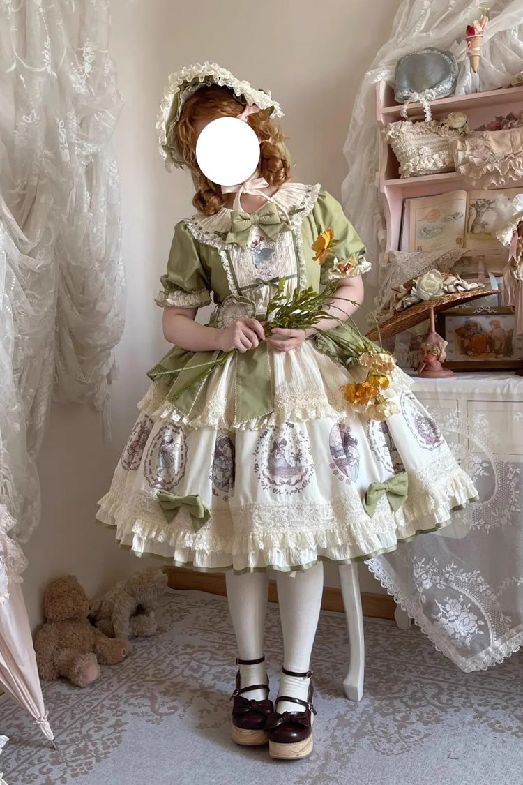 Green [Little Ida's Flowers] Short Sleeves Print Ruffle Bowknot Sweet Lolita Dress