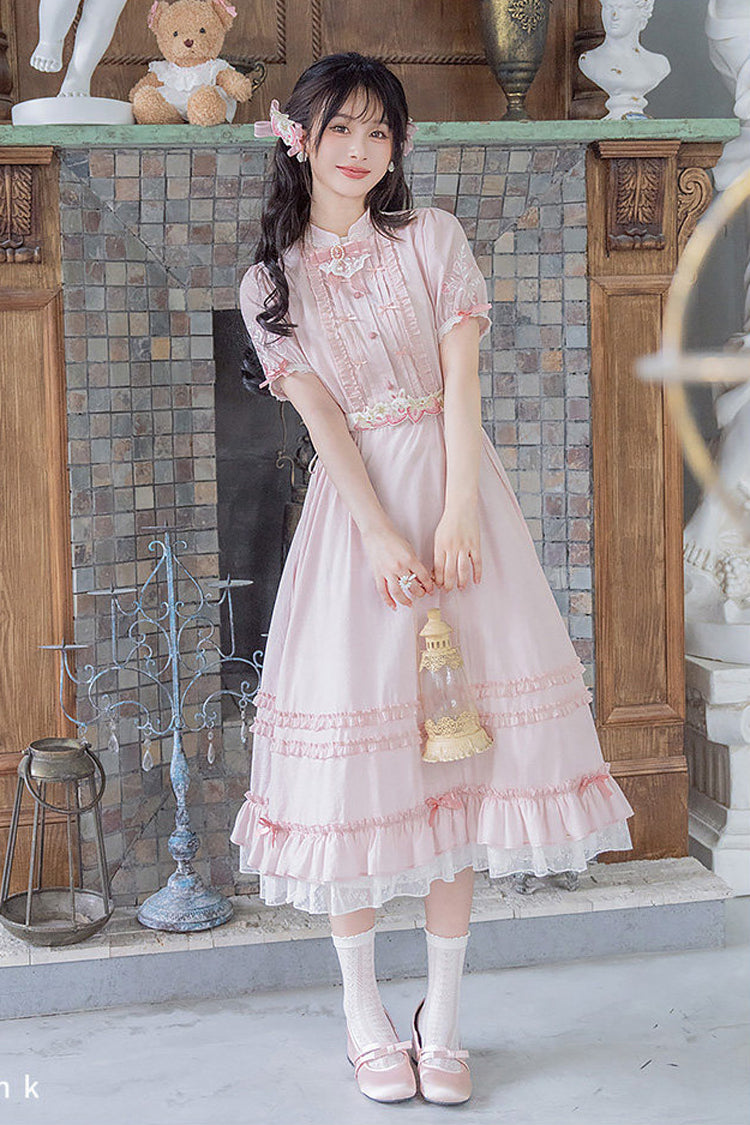 ピンクのラウンドカラー半袖ハイウエストフリルイチゴ真夏の女性の甘いロリータドレス