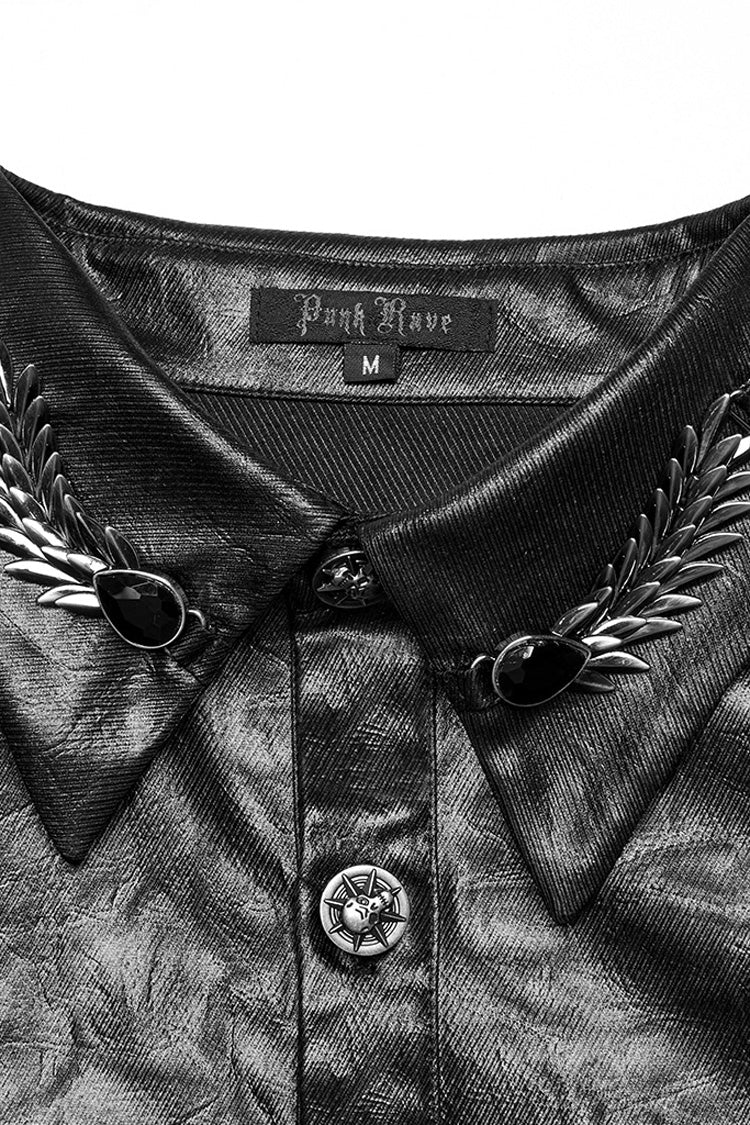 Black Lapel Collar Long Sleeves Buckle Skull Metal Men's Gothic Blouse