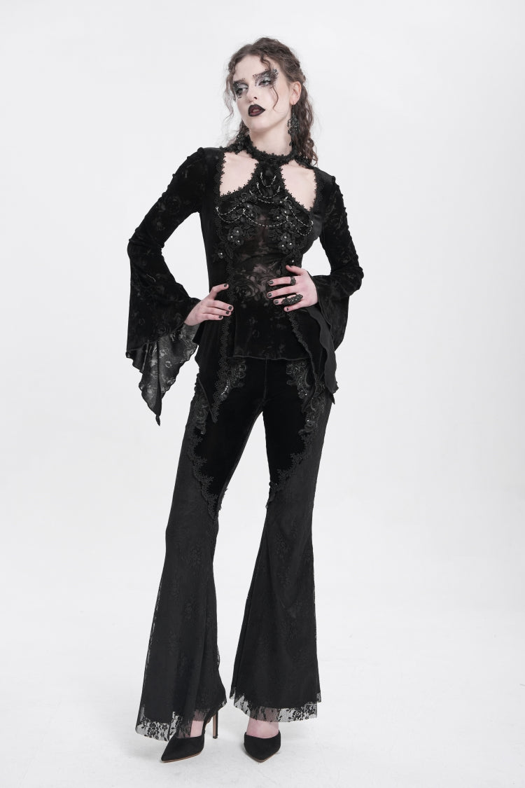 Black Halterneck Long Trumpet Sleeves Jacquard Embroidery Women's Gothic Blouse