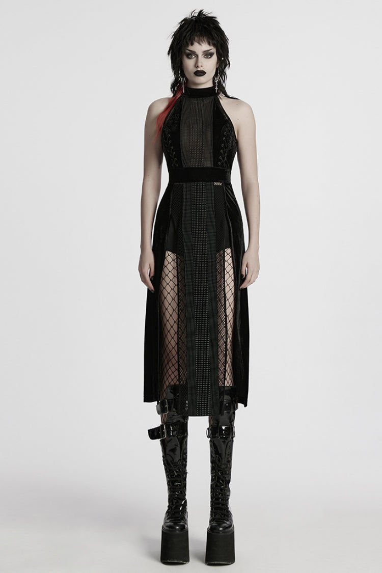 Black Halterneck Sleeveless Stitching Mesh Women's Gothic Dress