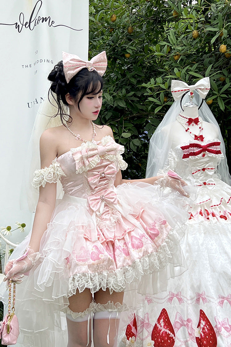 Pink [True Love Strawberry] Print Off Shoulder Sleeveless Ruffle Bowknot Lace Sweet Princess Lolita Dress Set