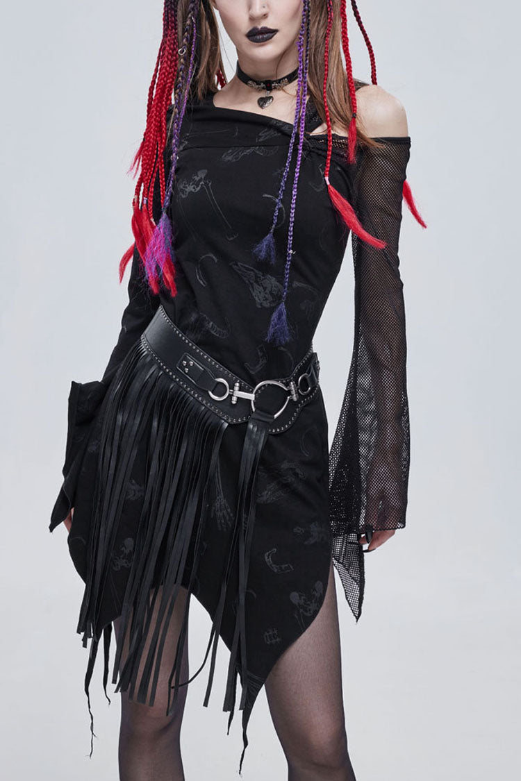 Black Gothic Off-The-Shoulder Graphic-Print Asymmetric Design Splicing Mesh Women's Dress