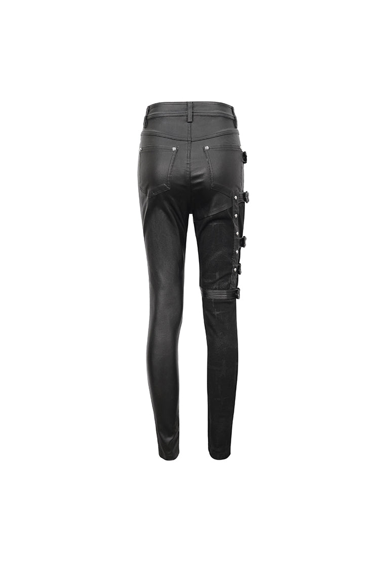 Black Tight Leather Multi Buckle Splice Women's Punk Pants