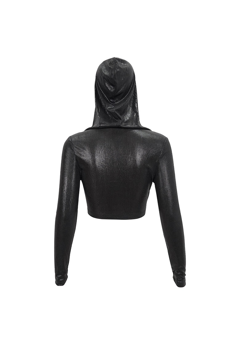 Black Shiny Vertical Grain Texture Tied Rope Decoration Hooded Short Women's Punk T-Shirt
