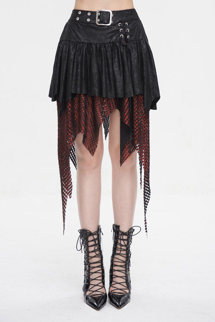 Red/Black Lrregular Mesh Splice Buckle Women's Gothic Skirt