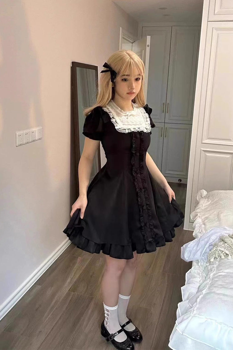 Black Annie's Gift Short Sleeves Bowknot Short Version Sweet Lolita Dress (Plus Size Support)