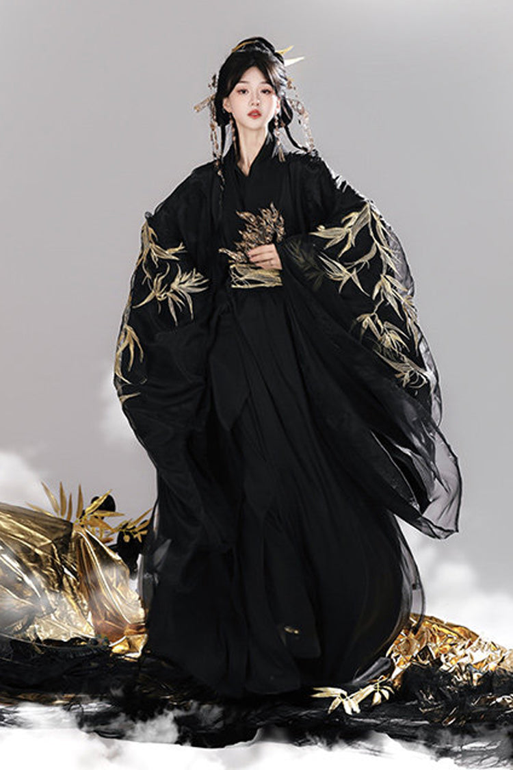 黒 [竹の葉] V 襟トランペット袖ハイウエスト刺繍女性の古典的な漢服ドレス セット