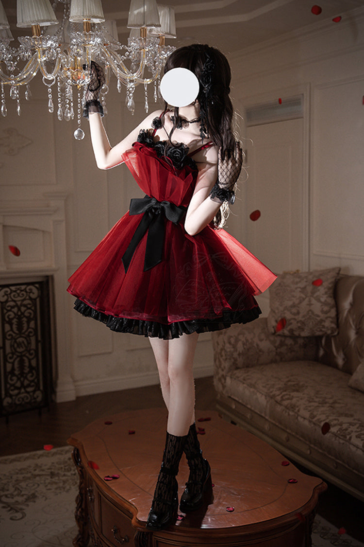 Robe Lolita Princesse Douce Sans Manches à Volants et Nœud Papillon [Bouquet de Nuit Éternelle] Rouge Vin 