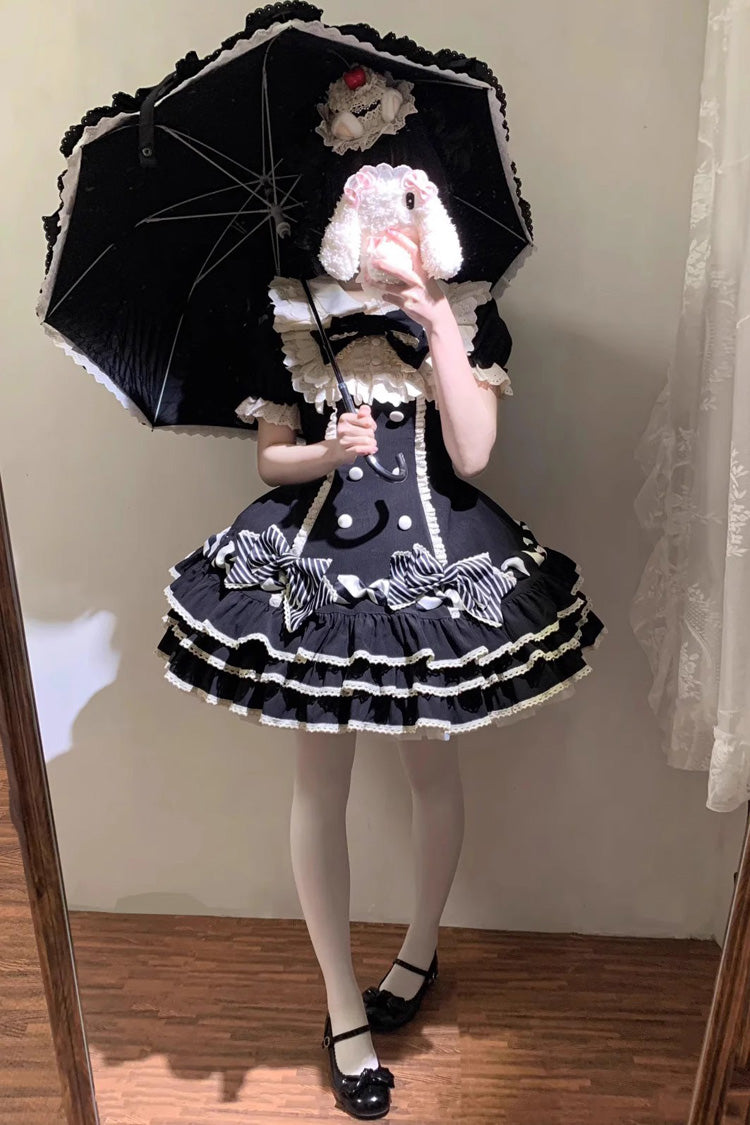 Black [Striped Layered] Short Sleeves Multi-Layered Ruffle Bowknot Sweet Princess Lolita Tiered Dress