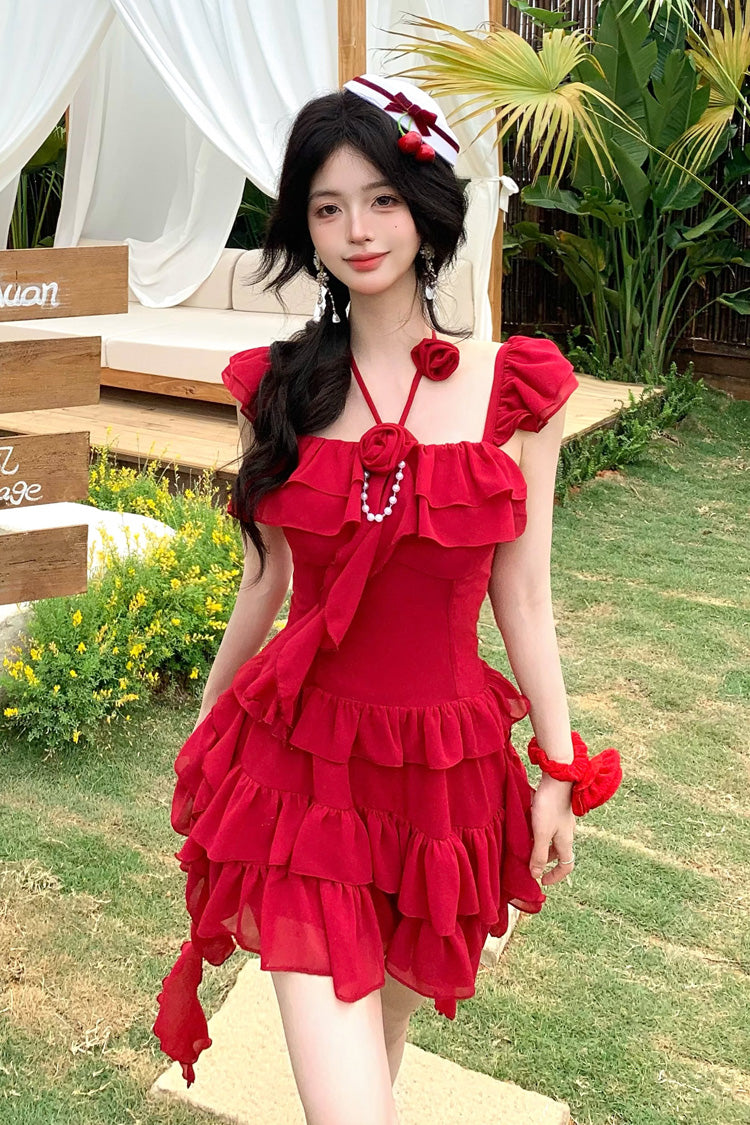 Red [Summer Seaside] Short Sleeves Triple-Layered Ruffle Bowknot Irregular Holiday Style Sweet Lolita Dress