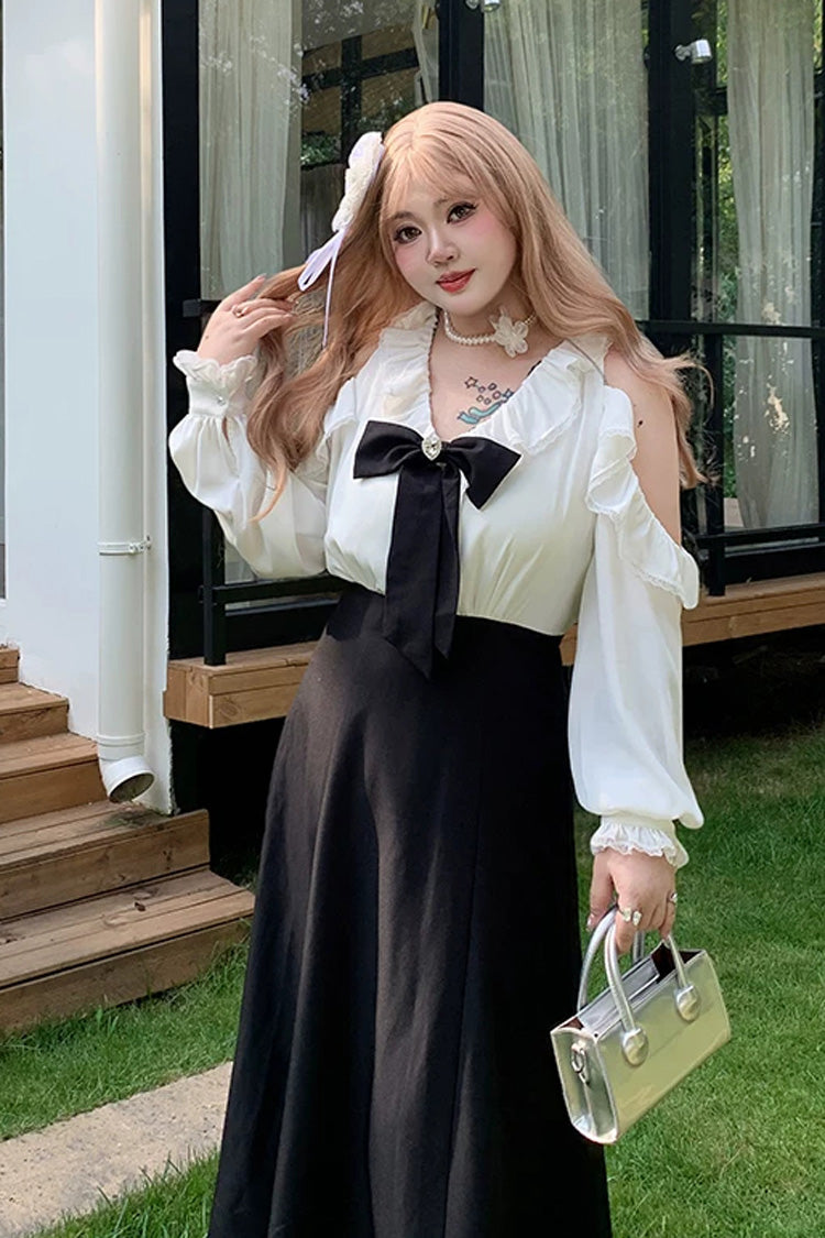 Schwarz/weißes, schulterfreies, langes, schulterfreies, langes, gekräuseltes, zweiteiliges, klassisches Lolita-Kleid in Übergröße mit Schleife in Schwarz/Weiß