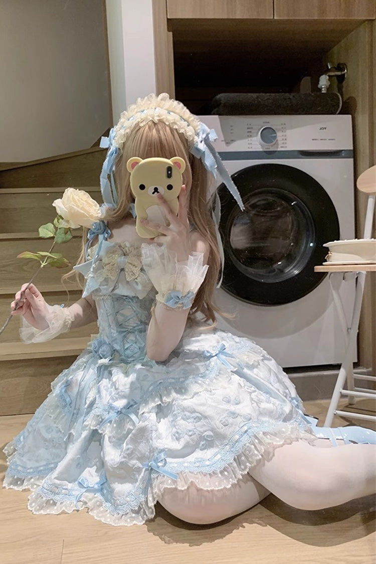 Robe Sweet Lolita Jsk à volants double couche broderie nœud papillon en dentelle [Floral Overture] bleue 