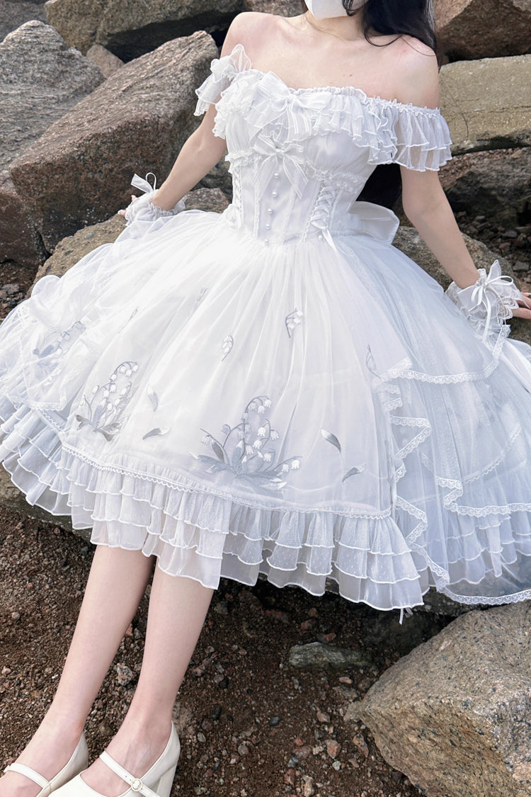 White [Love Is Coming] Multi-layer Ruffle Embroidery Bowknot Sweet Princess Lolita Jsk Dress