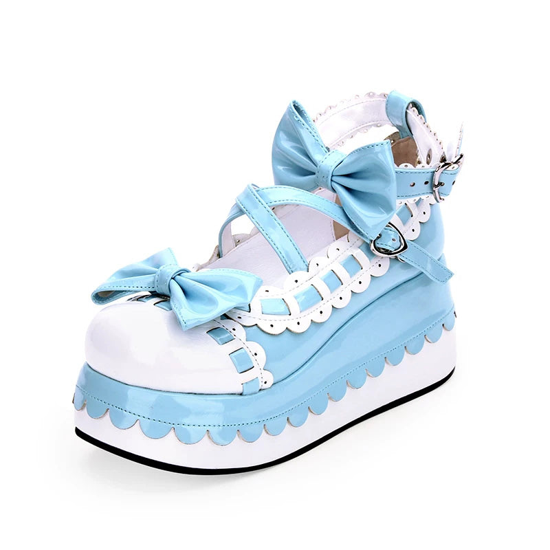 Prinzessin-Lolita-Plateauschuhe mit runder Spitze und süßer Schleife, 3 Farben