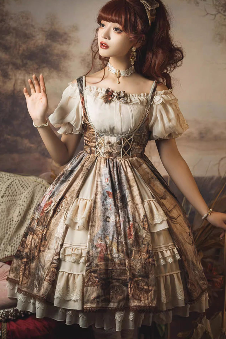 Brown [Cloria] Oil Painting Print Bowknot Lace Sweet Elegant Palace Lolita Jsk Dress