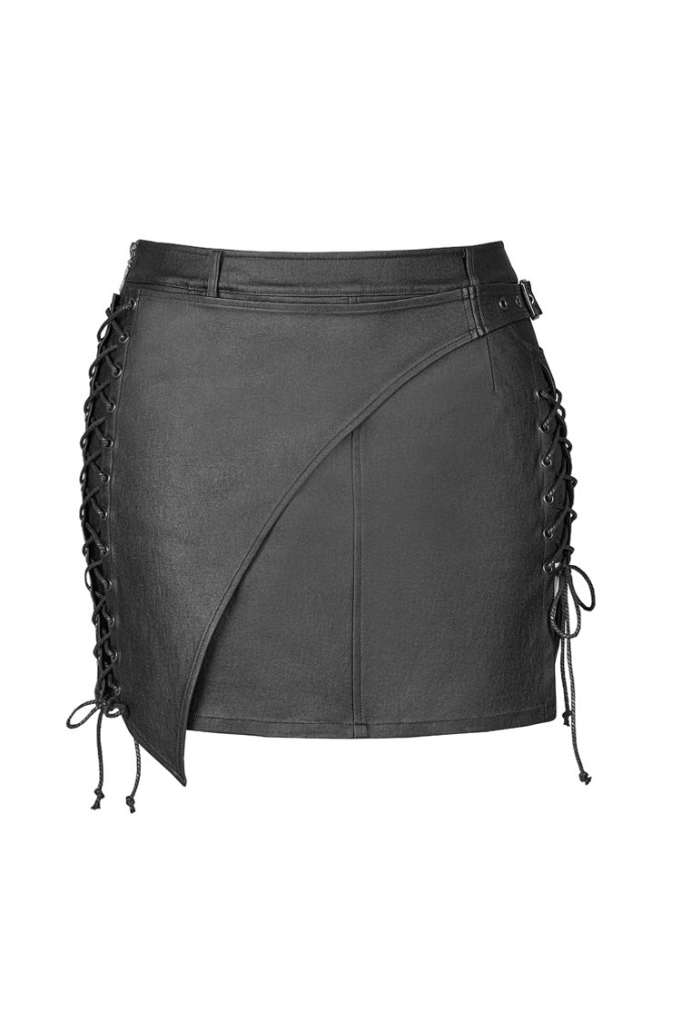 Black Side Metal Clasp Lace-Up Irregular Hem Plus Size Skinny Leather Women's Punk Skirt