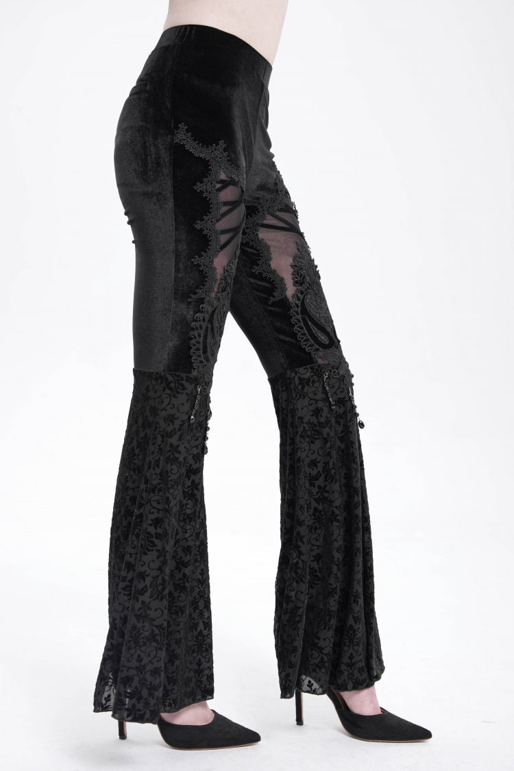 Black Hollow Floral Embroidery Women's Gothic Flared Pants