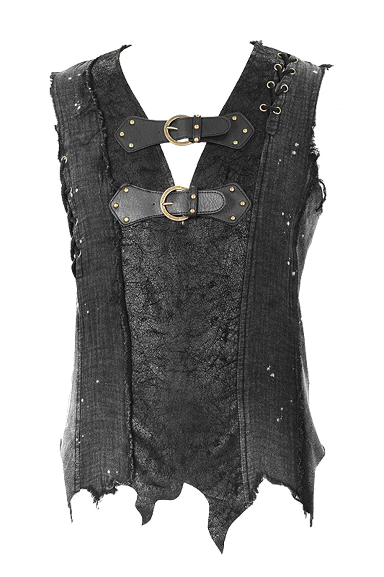 Black V-Neck Sleeveless Ripped Buckle Straps Men's Gothic Vest