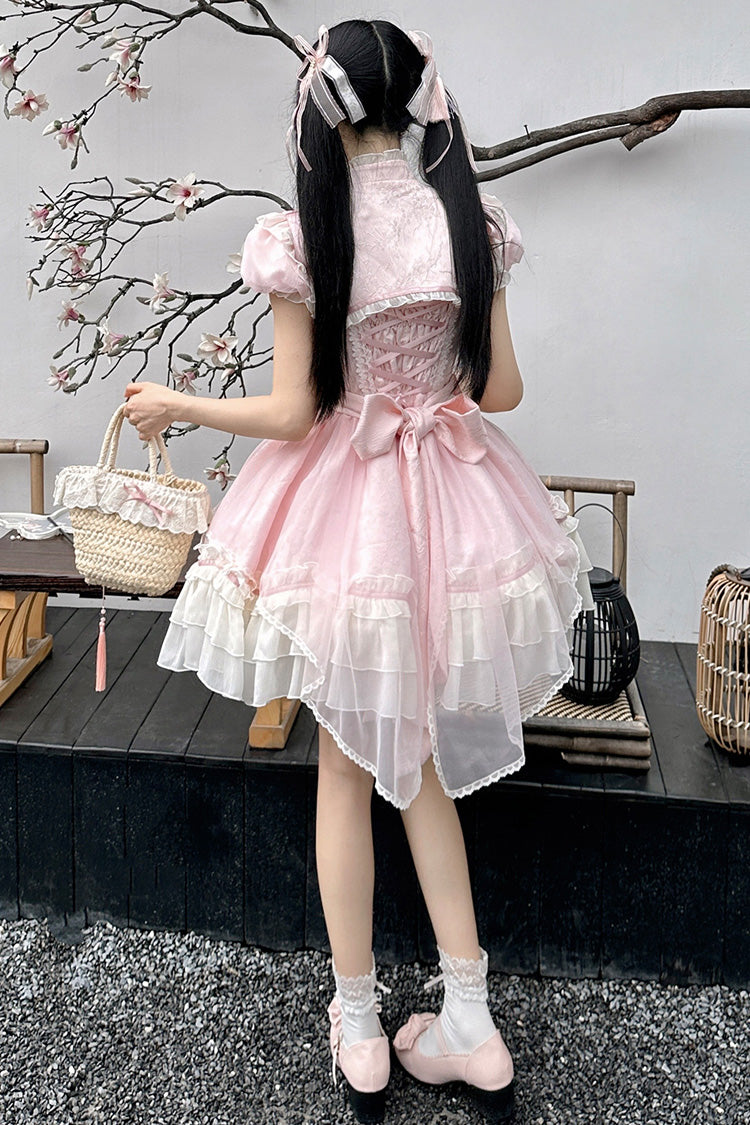 Pink [Spring Flower Notes] Ruffle Bowknot Lace Sweet Princess Lolita Jsk Dress