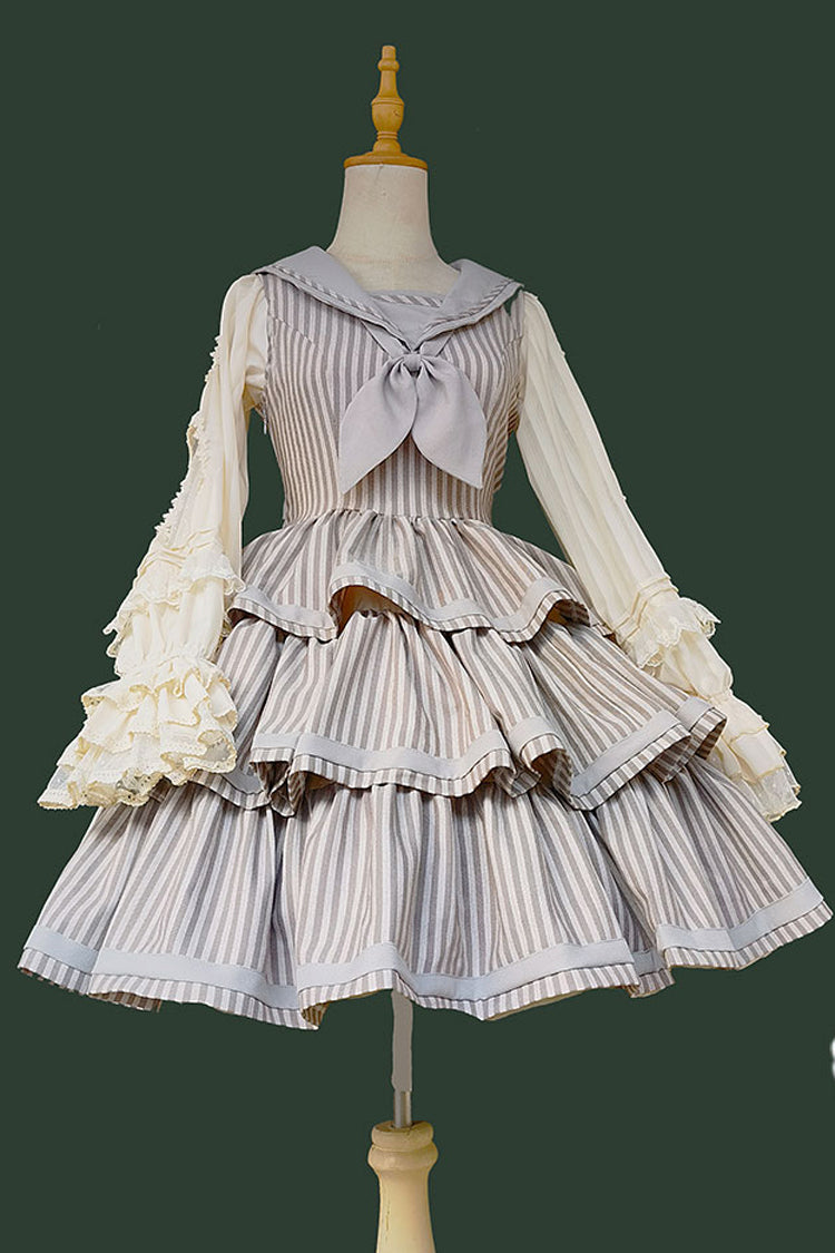 [From Afar] Sleeveless Triple-Layered Stripe Print Bowknot Sweet College Style Lolita Dress 2 Colors