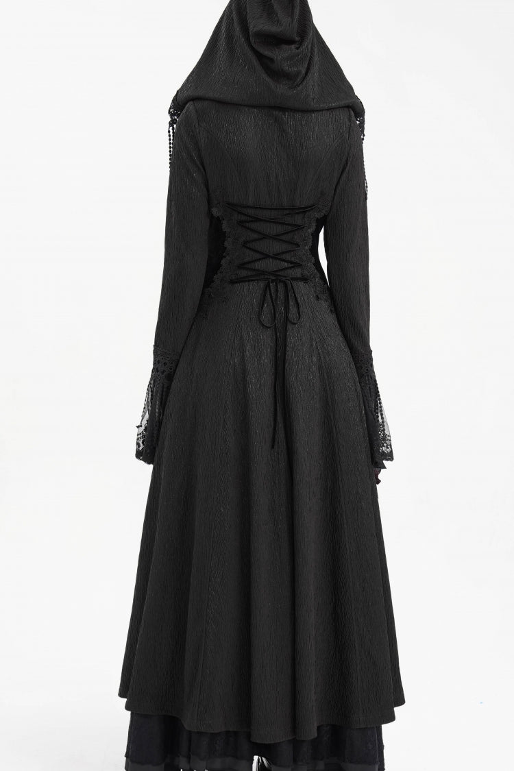 Black Buckle-up Tassels Hooded Women's Gothic Coat