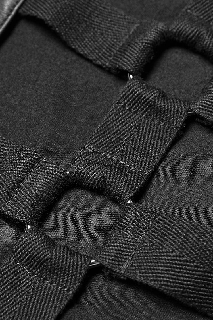 Black Sleeveless Metal Buckles Hollow Faux Leather Men's Steampunk Vest