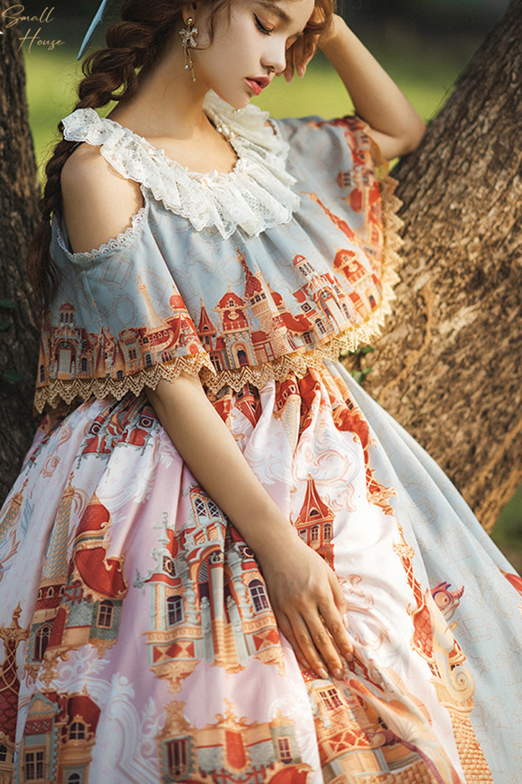 Multi-Color European Architectural Oil Painting Print Off Shoulder Short Sleeves Bowknot Sweet Lolita Dress