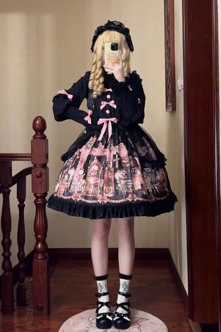 Black [The Case of the Missing Lamb] Print Ruffle Bowknot Lace Gothic Lolita Jsk Dress