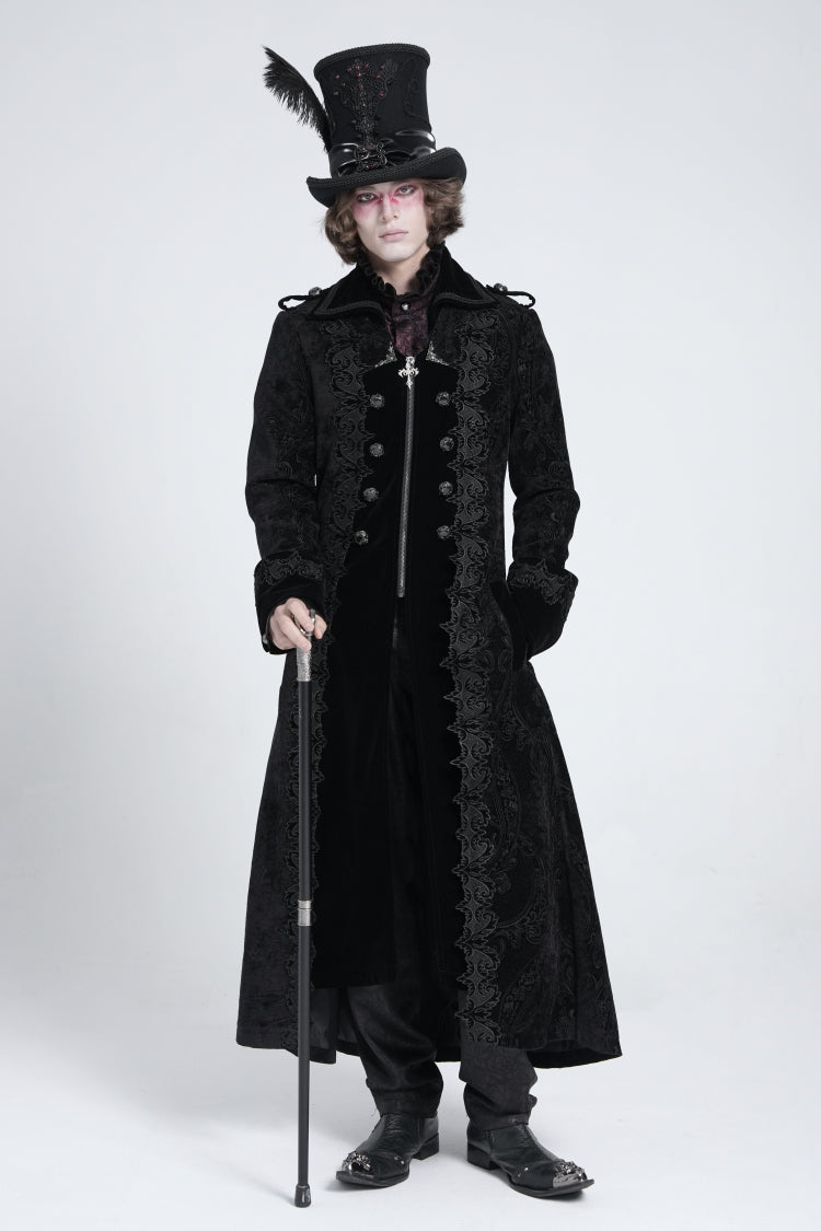 Black Lapel Collar Embroidery Zipper Men's Gothic Handsome Coat