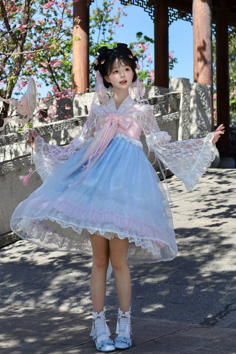 [Peach Blossoms in Spring Fields] Sleeveless Ruffle Bowknot Lace Sweet Chinese Style Lolita Jsk Dress 3 Colors