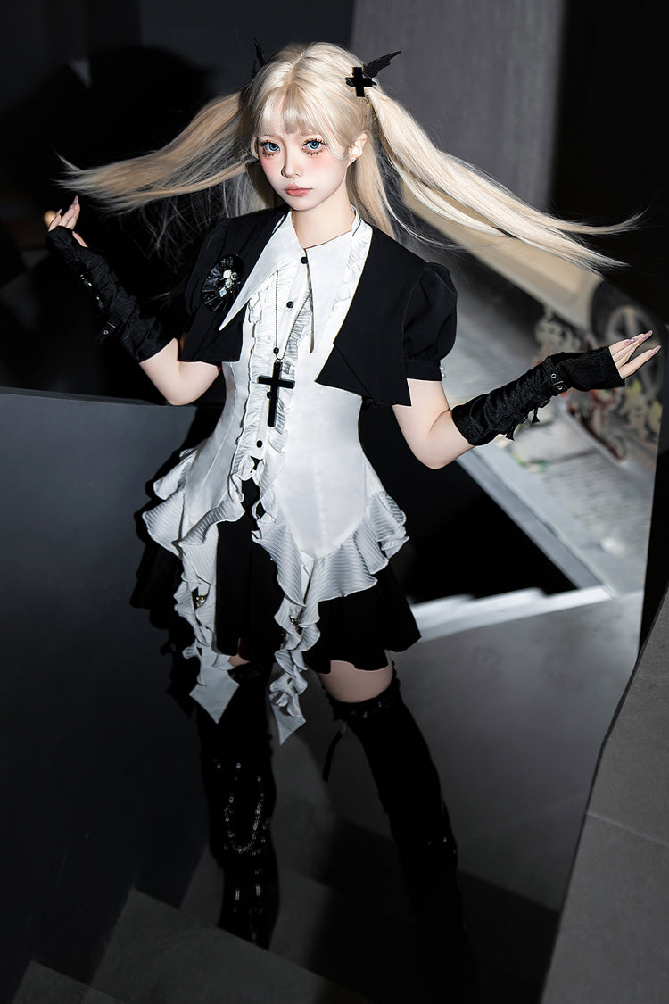 Weiße Rüsche Unregelmäßiger Clown Spitzkragen Gothic Ouji Lolita Bluse 