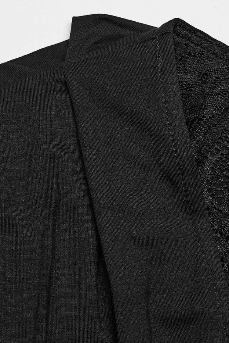 Black V Collar Long Sleeves Stitching Lace Women's Gothic Drawstring Honeymoon Dress