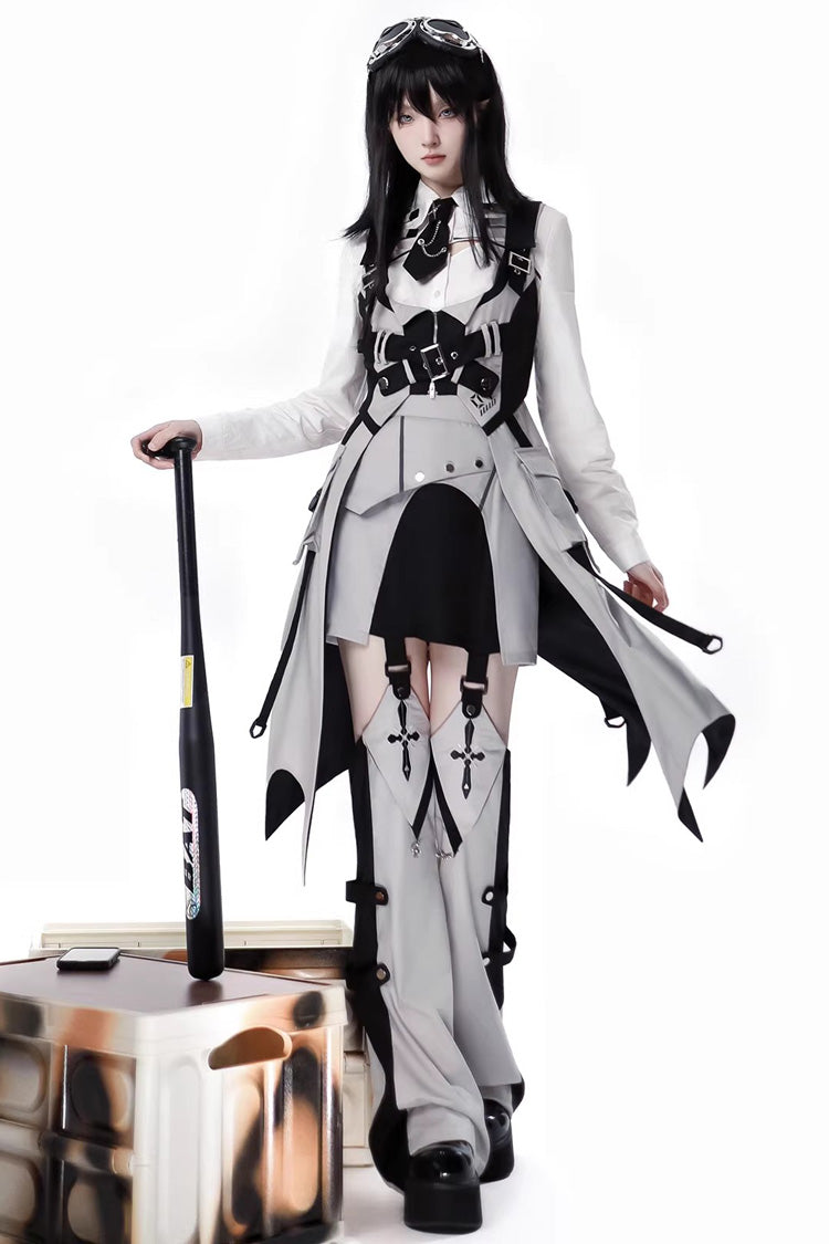 Black/White Long Sleeves Color Matching Handsome Sci-fi Lolita Skirt Set