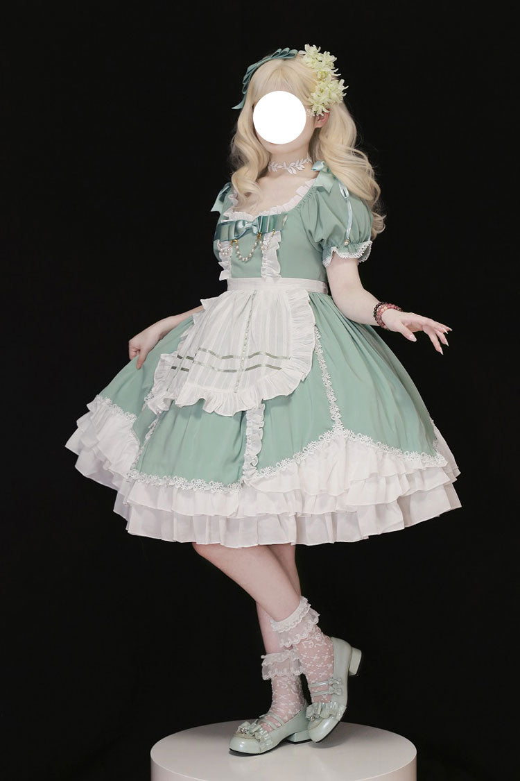 White/Green Spring Wood Branches Short Sleeves Ruffle Hanayome Bowknot Sweet Lolita Dress