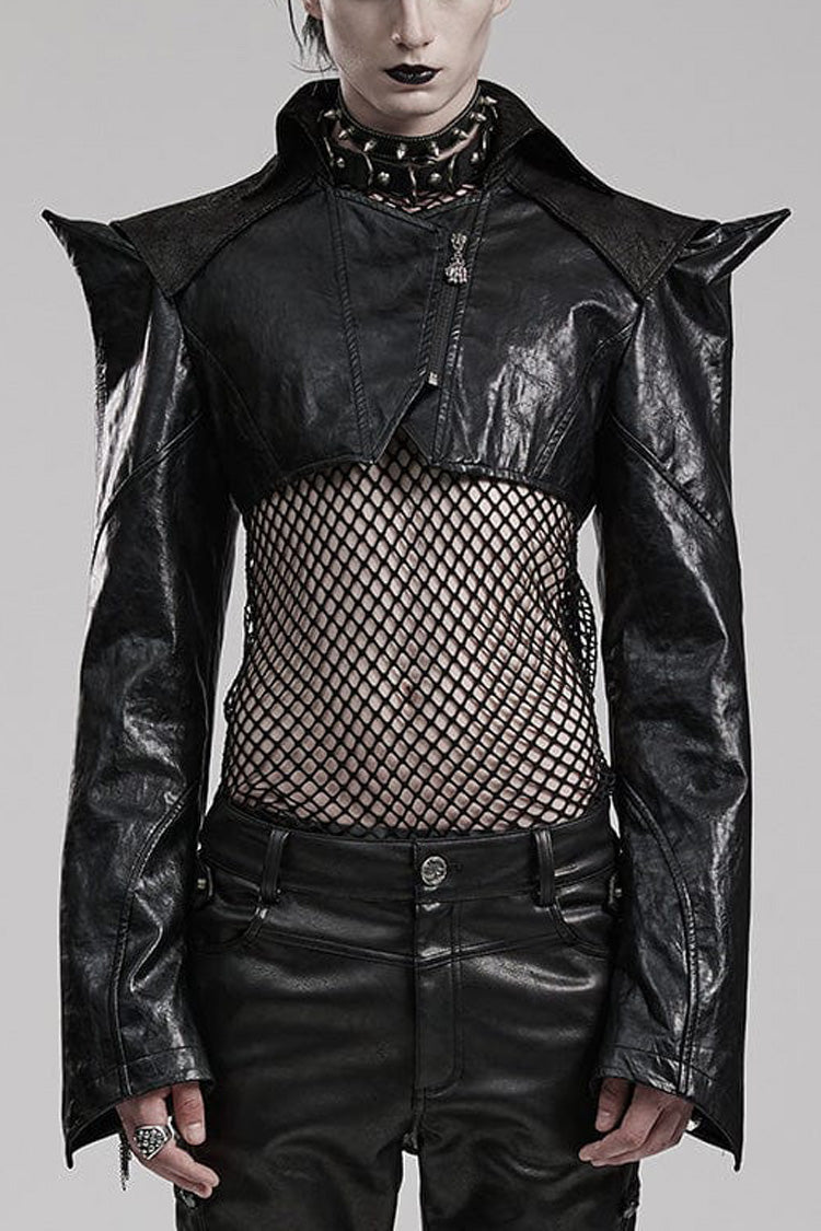 Black Stand Collar Zipper Faux Leather Sharp Shoulders Mens Steampunk Short Coat