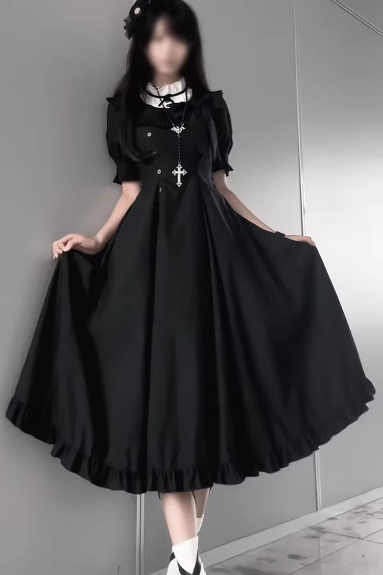 Black [Day & Night] Stand Collar Short Sleeves Ruffled Gothic Elegant Lolita Dress