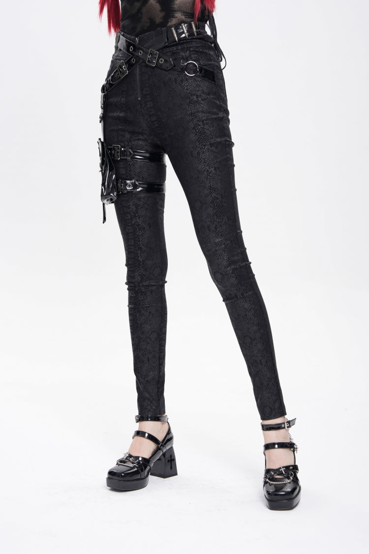 Black Print Buckle Straps Women's Punk Pants with Leg Bag